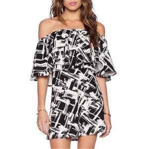 New black and white abstract print off shoulder ruffle dress